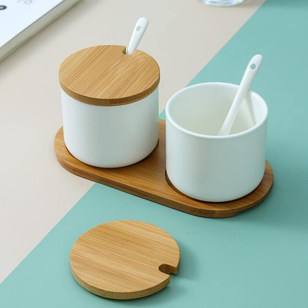 2er Set Zuckerdose Salzdose aus Keramik Gewürzgläser Gewürzbehälter mit Deckel,Löffel und Tablett 26