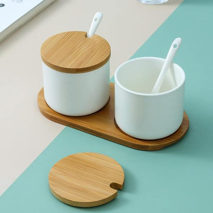 2er Set Zuckerdose Salzdose aus Keramik Gewürzgläser Gewürzbehälter mit Deckel,Löffel und Tablett 26