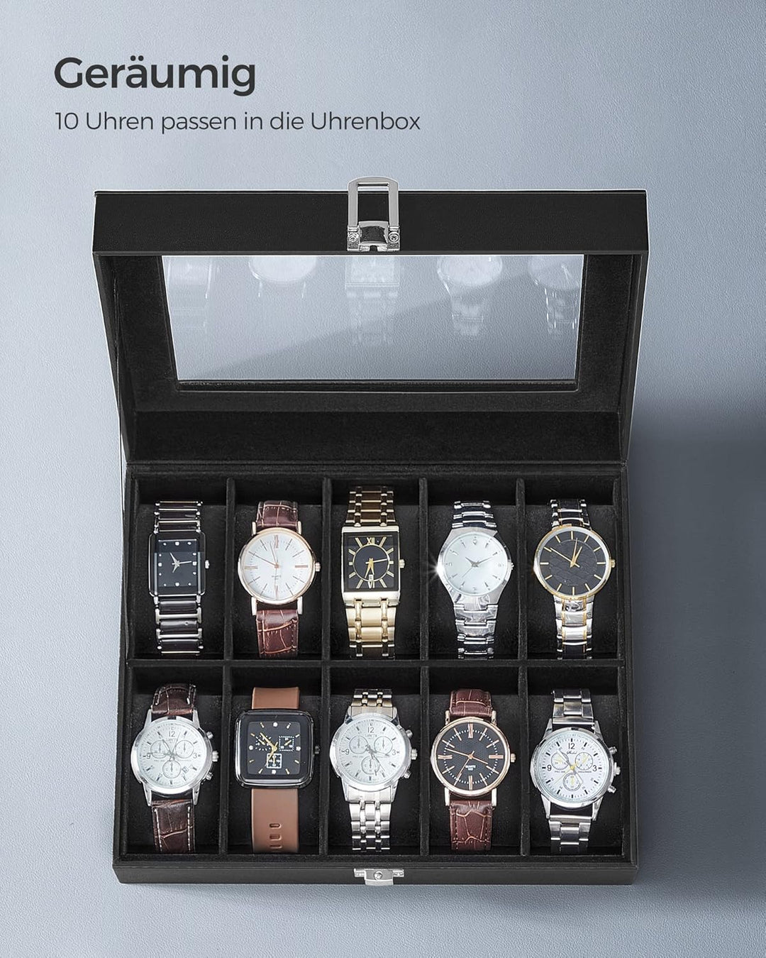 SONGMICS Uhrenbox mit 10 Fächern, Uhrenkasten, Glasdeckel, Uhrenkoffer, herausnehmbare Uhrenkissen,