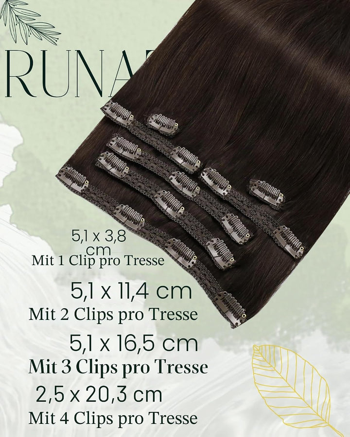 RUNATURE Dunkelbraun Clip Extensions Echthaar Günstig 30cm Clip in Echthaar Extensions 80g 7pcs Remy