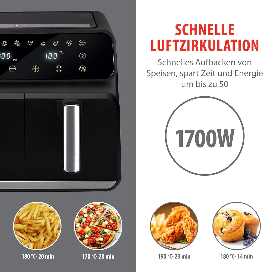 alpina Doppel Heissluftfritteuse 8L - Airfryer 1700W - Heissluftfritteuse für Braten, Frittieren und