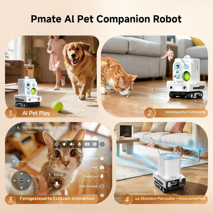 Pmate Haustier Begleiter Roboter mit 2-Wege-Audio &amp; Nachtsicht Haustier Kamera mit KI-Pet-Tracking H