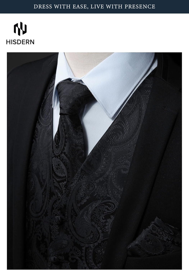 HISDERN Herren FLoral Hochzeit Weste Krawatte Einstecktuch Taschentuch Jacquard Weste Anzug Set XS S