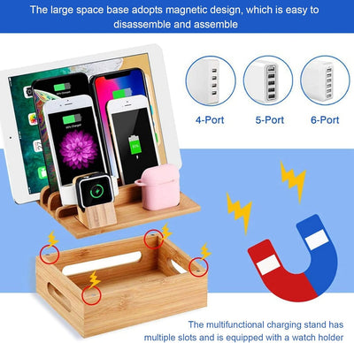 Cuifati Bambus-Ladestation-Organizer, Multi-Geräte-Ladestation, Ladestation, Ständer, Gestell mit 5