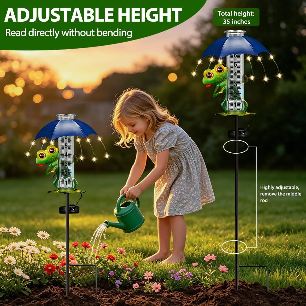 7-Zoll Regenmesser, Niederschlagsmesser mit Erdspiess und Solar-LED-Leuchten, Frosch Regenmesser Fro