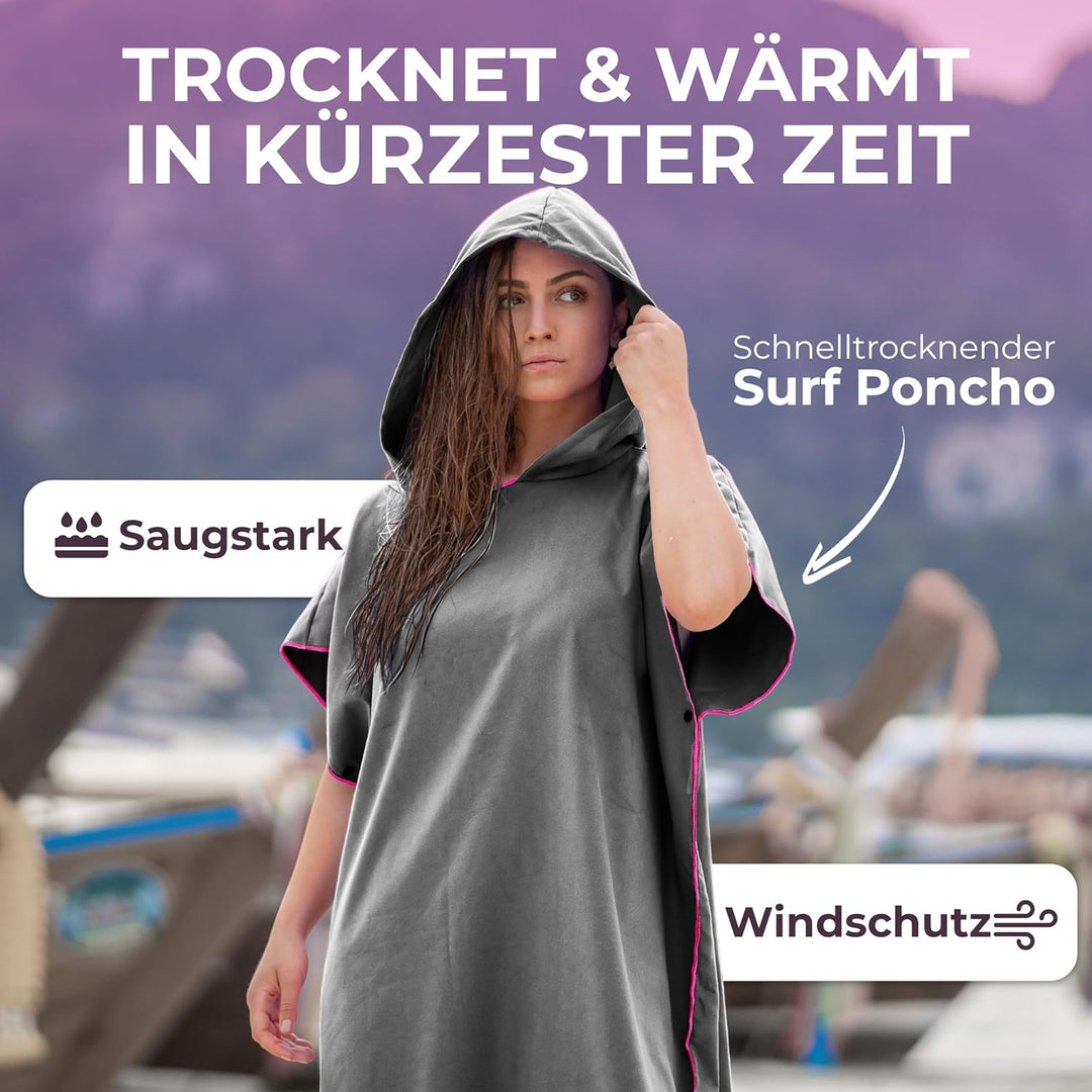 NirvanaShape Handtuch-Poncho für Erwachsene, Umziehhilfe & Handtuch zugleich, Surf-Poncho mit Quick-