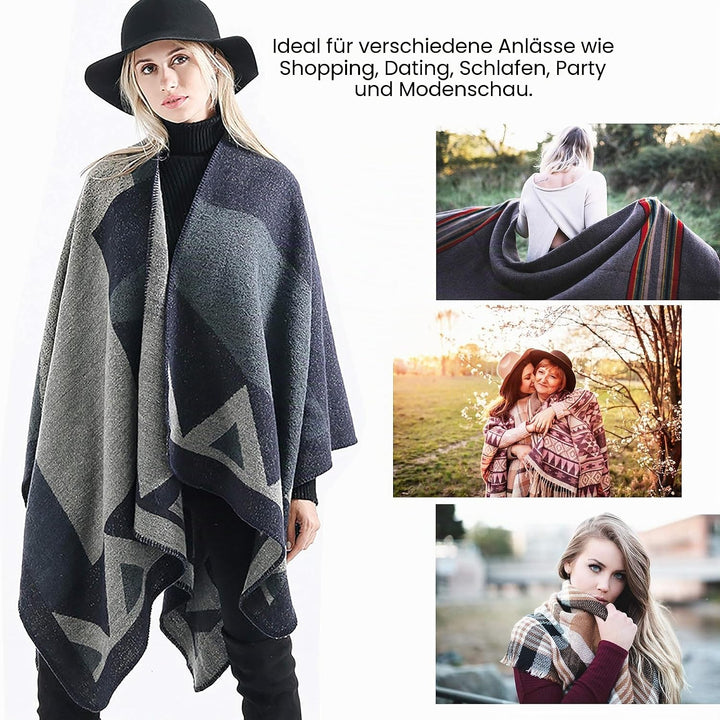 Shmily Girl - Damen Poncho Habe Gestrickt Überdimensionalen Decke Kap-Schal A - Marineblaue Blockfar