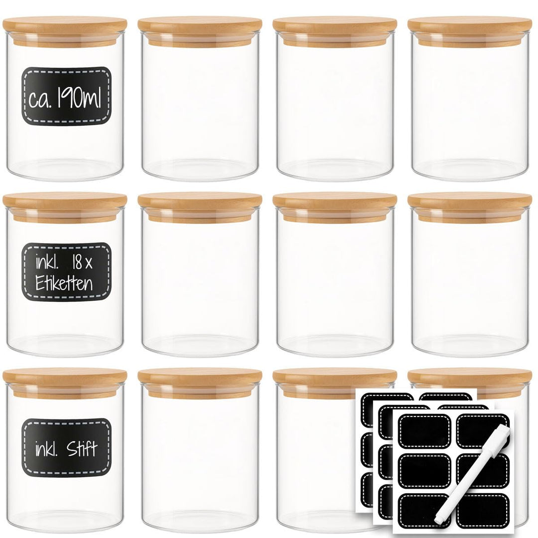 12x 190ml Vorratsgläser Bambusdeckel inkl. 24x wiederbeschriftbare Etiketten und Stift - Gewürzgläse