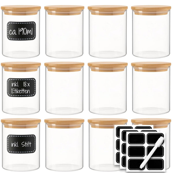 12x 190ml Vorratsgläser Bambusdeckel inkl. 24x wiederbeschriftbare Etiketten und Stift - Gewürzgläse