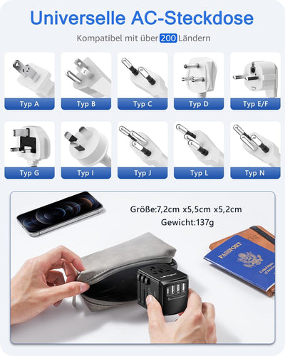 LENCENT Reiseadapter Reisestecker Weltweit mit 3 USB- und 1 Typ-C Anschlüsse und AC Steckdosenadapte