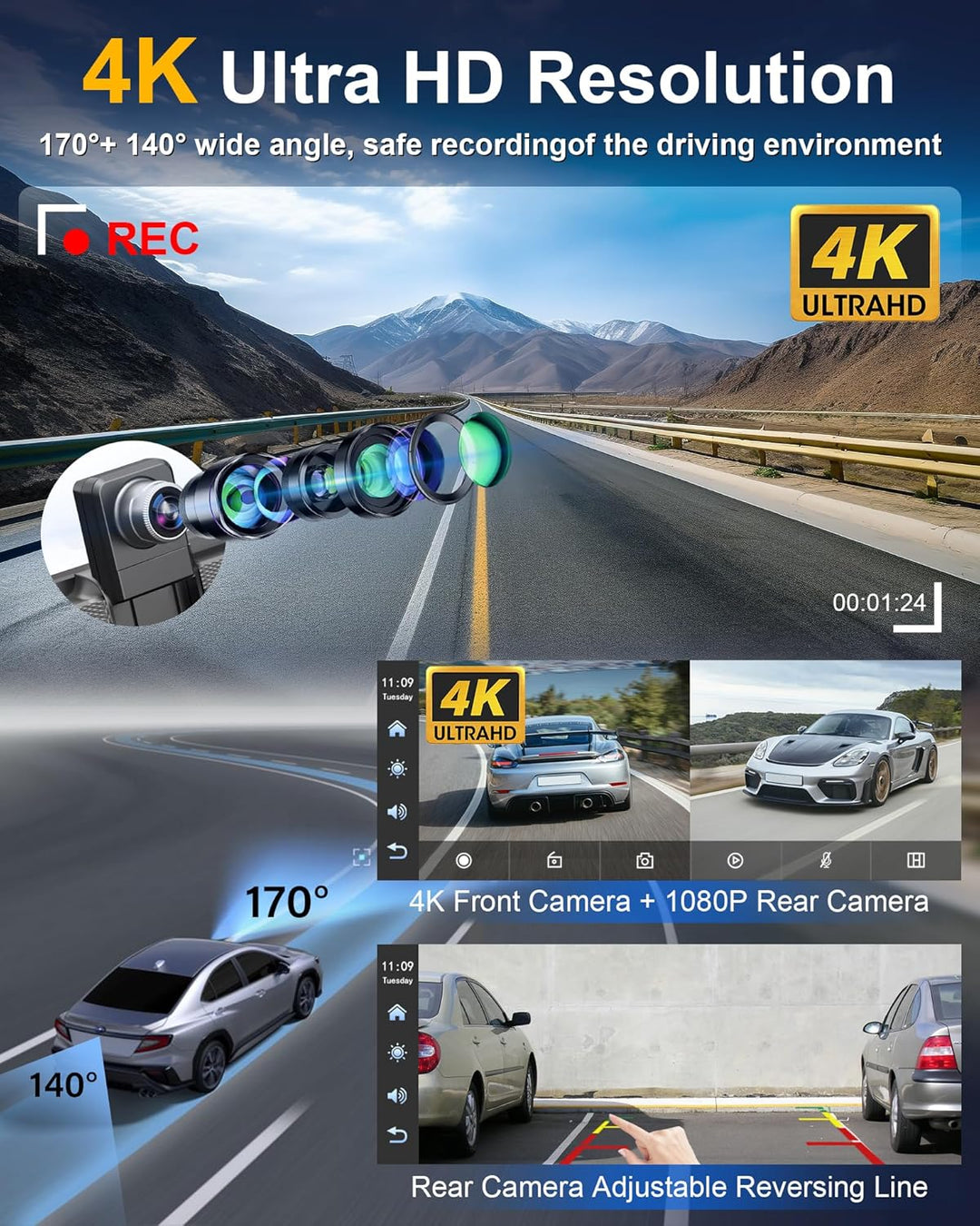 11,26 Zoll Carplay Display 4K Carplay Android Auto Display mit 350° Frontkamera 64G SD Karte Auto Di