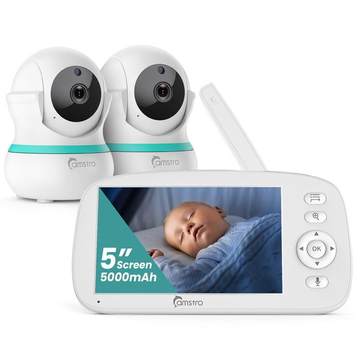 Babyphone mit 2 Kameras, 5000 mAh Akku mit 5 Zoll Bildschirm, 355° Schwenken- 4X-Zoom, Babyfone ohne