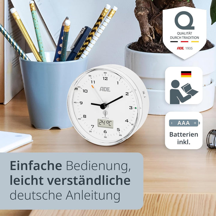 ADE Funk wecker analog ohne Ticken | Uhr mit Temperaturanzeige und Kalender | lautloser analoger Wec