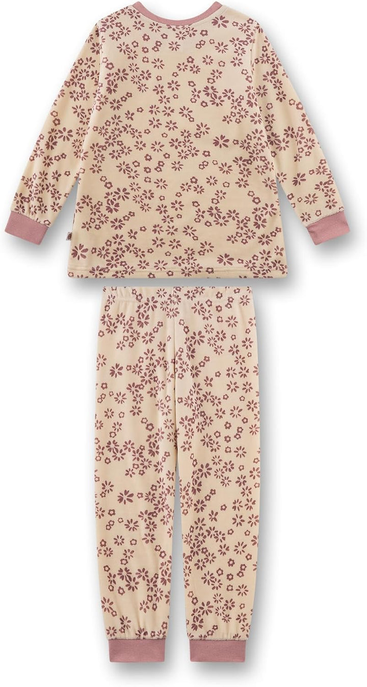 Sanetta Mädchen-Schlafanzug lang aus Nicki beige Blumen | Hochwertiger und bequemer Schlafanzug aus