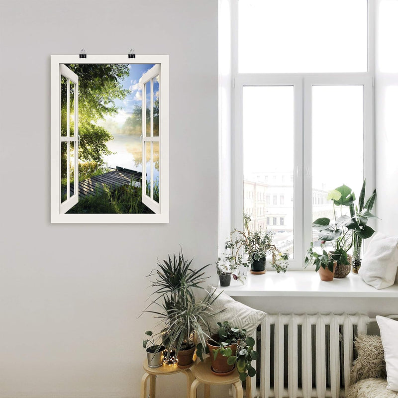 ARTland Poster Bild ohne Rahmen Wandposter 70x100 cm Fensterblick Fenster Landschaft Wald Natur See