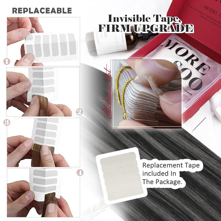 Moresoo Tape Echthaar Extension Schwarz Ombre Invisible Tape in Extensions Echthaar Schwarz bis #Sil