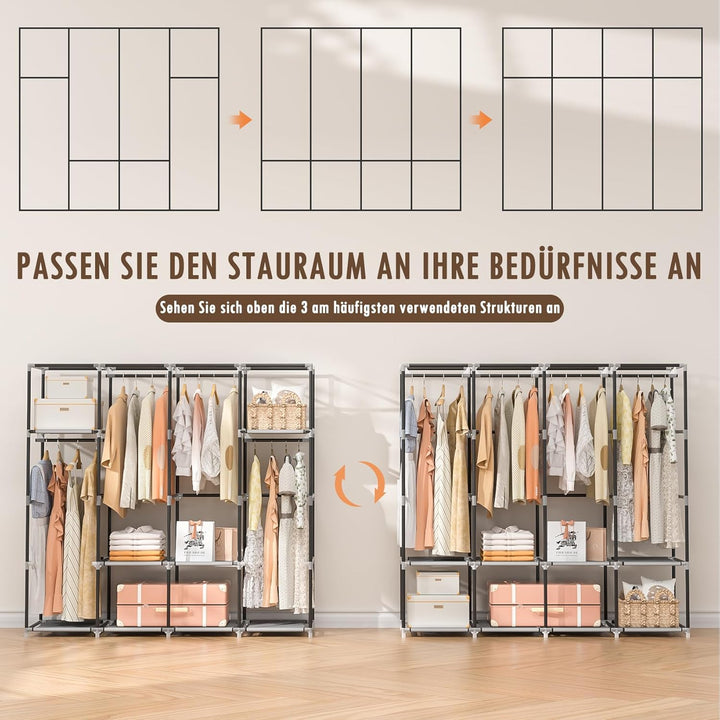 Neatrays Kleiderschrank, Stoffschrank mit 4 Kleiderstange Stabil & 8 Fächern, Faltbarer Kleiderschra