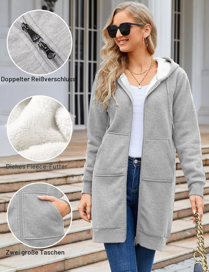 RITOSTA Damen Hoodie Fleecejacke Kapuzenjacke mit Zip Winterjacke Lang Sweatjacke Warme Plüschjacke