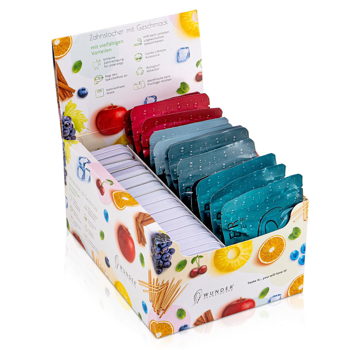 DISPLAY - 24 ERFRISCHENDE PACKUNGEN 'STARTERDISPLAY' - ZAHNSTOCHER MIT GESCHMACK - TASTY TOOTHPICKS