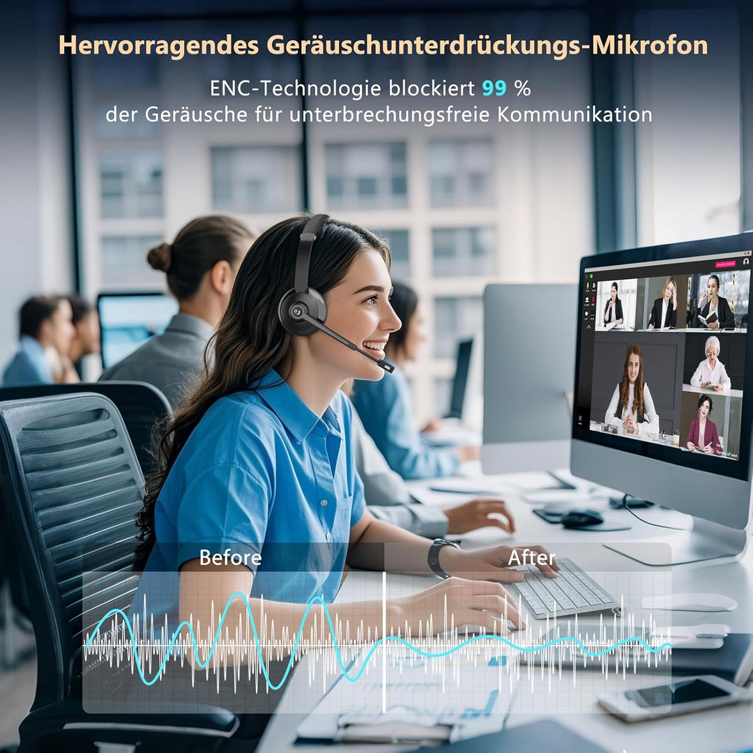 Earbay Bluetooth Headset mit Mikrofon, Kabelloses Headset mit Ladestation & USB Dongle, Kabellose mi
