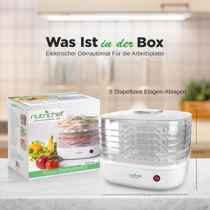 Nutrichef Dörrautomat 5 Einschübe – Weiss BPA-freies Dörrgerät für Fleisch, Obst, Pilze & Gemüse, 82