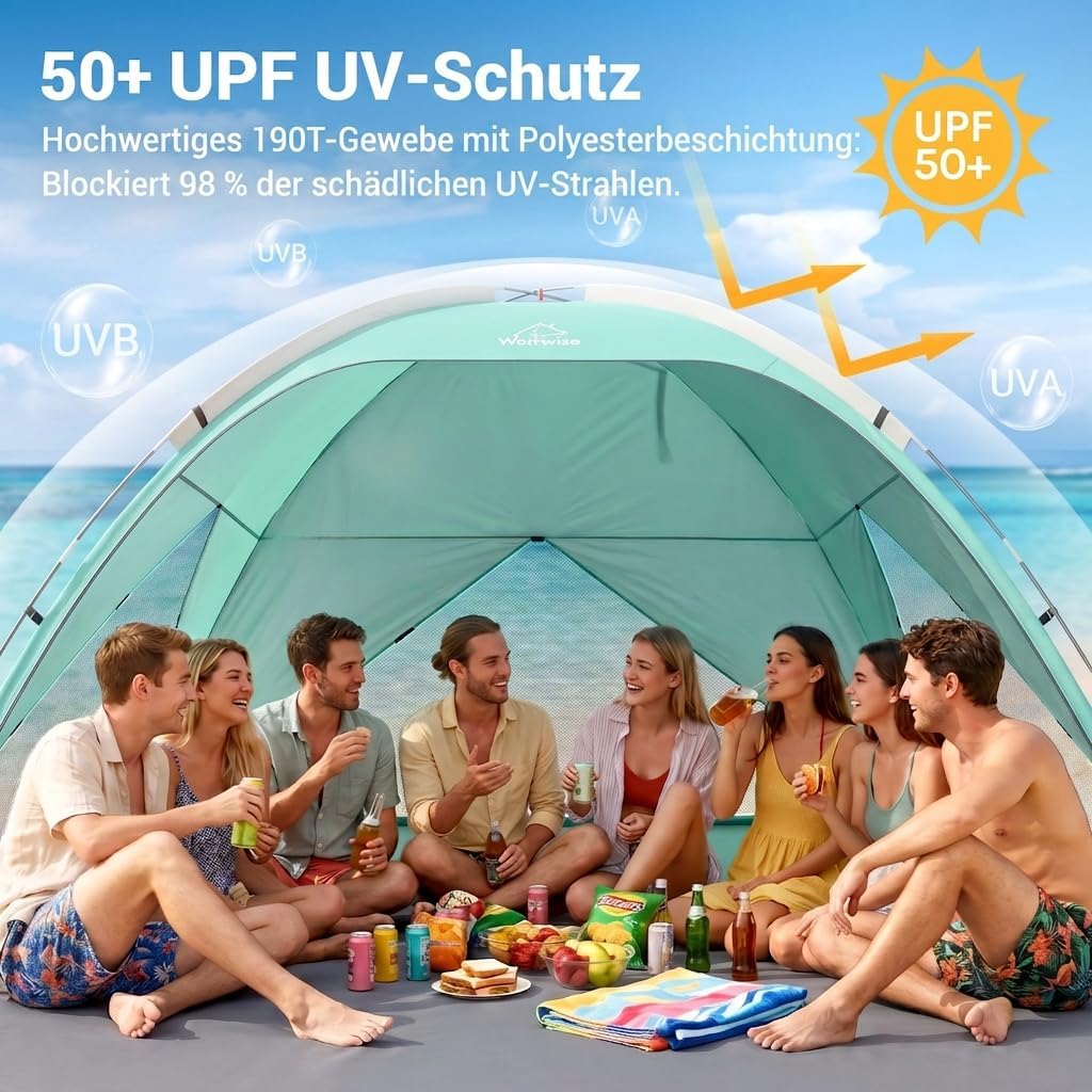Wolfwise Strandmuschel UV Schutz, 3 Belüftungsfenster &amp; Tragetasche, Strand Zelt mit erweiterbarem B