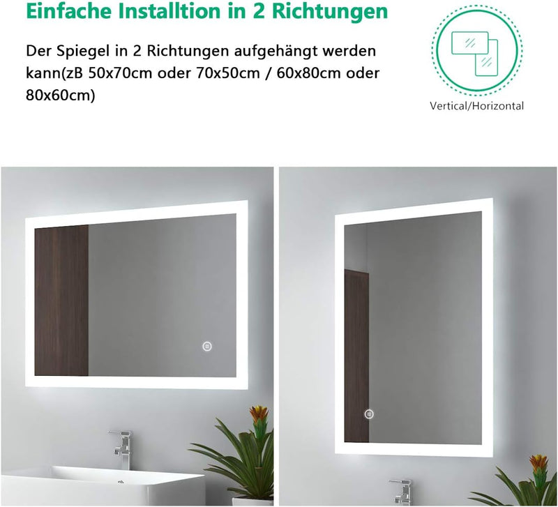 EMKE LED Badspiegel 80x60cm Badezimmerspiegel mit Beleuchtung kaltweiss Lichtspiegel Wandspiegel mit