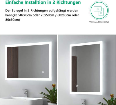 EMKE LED Badspiegel 50x70cm Badezimmerspiegel mit Beleuchtung kaltweiss Lichtspiegel Wandspiegel mit