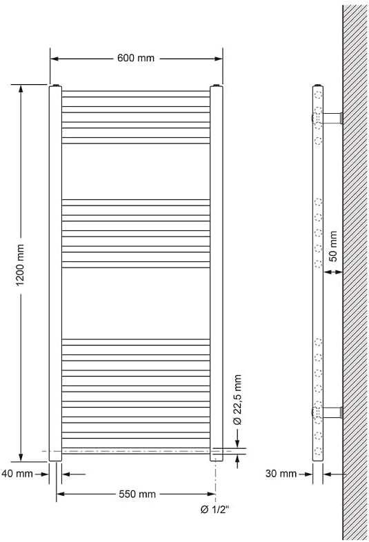 ECD Germany Badheizkörper Elektrisch 600x1200mm Grosse Leistung Weiss gerade mit Seitenanschluss ink