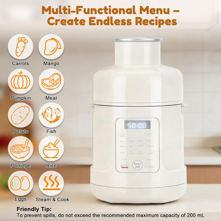 Babynahrungszubereiter 500 W – All-in-One-Gerät: Dampfgarer, Mixer, Wärmer & Timer für alle Entwickl