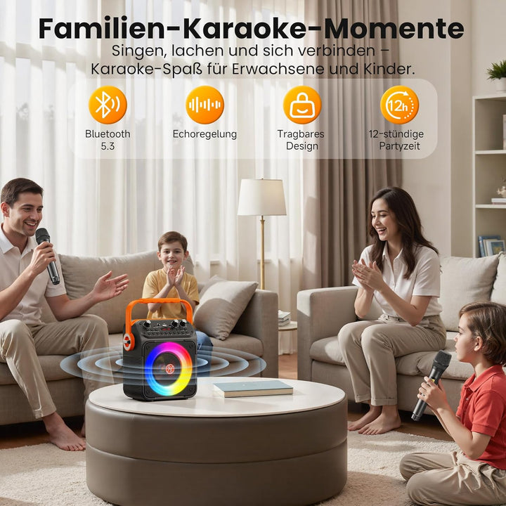 HWWR Karaoke Anlage mit 2 Mikrofonen, Bluetooth Lautsprecher mit 6,5 Zoll Subwoofer, RGB-Lichteffekt