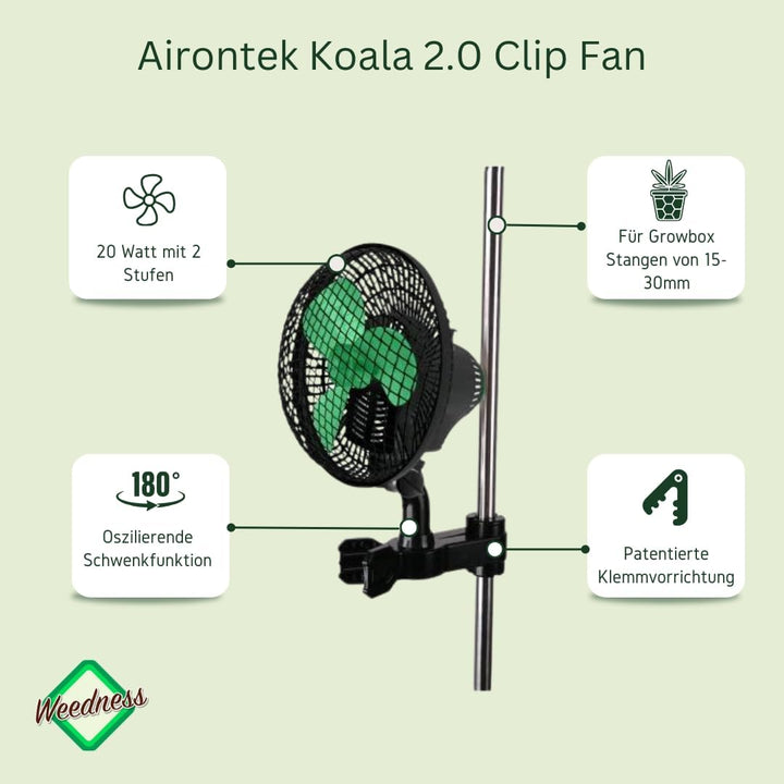 Weedness Airontek Clip-Ventilator Oszillierend mit Stangen-Halterung 20 Watt 2-Stufig - Grow Indoor