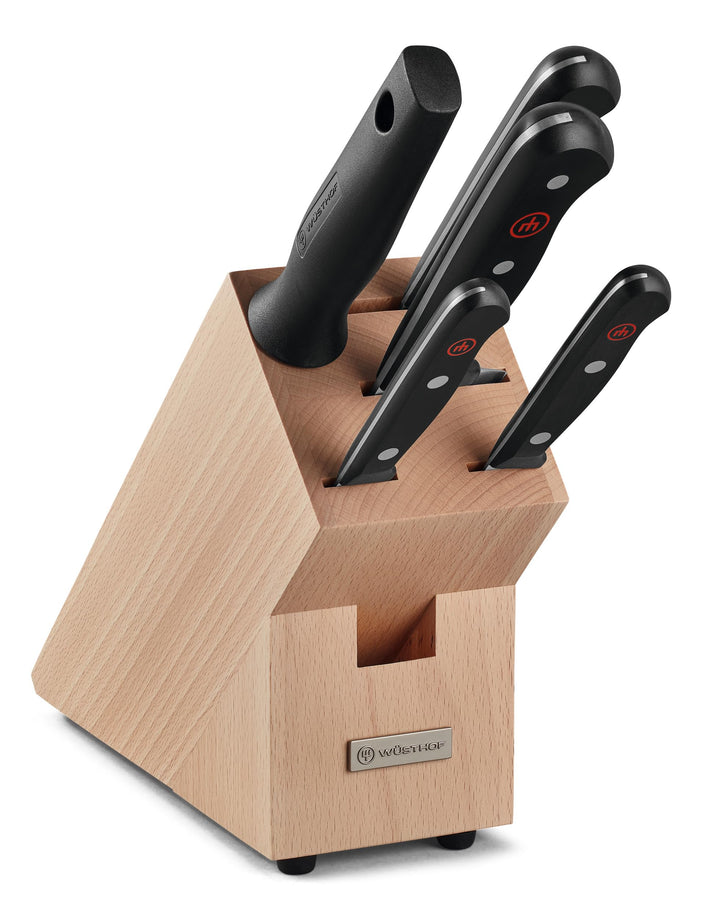 WÜSTHOF Gourmet Messerblock mit 5 Artikeln, 6cm, 10cm, 20cm,18cm, 23cm 4 Kochmesser, Wetzstahl, 4 Ko