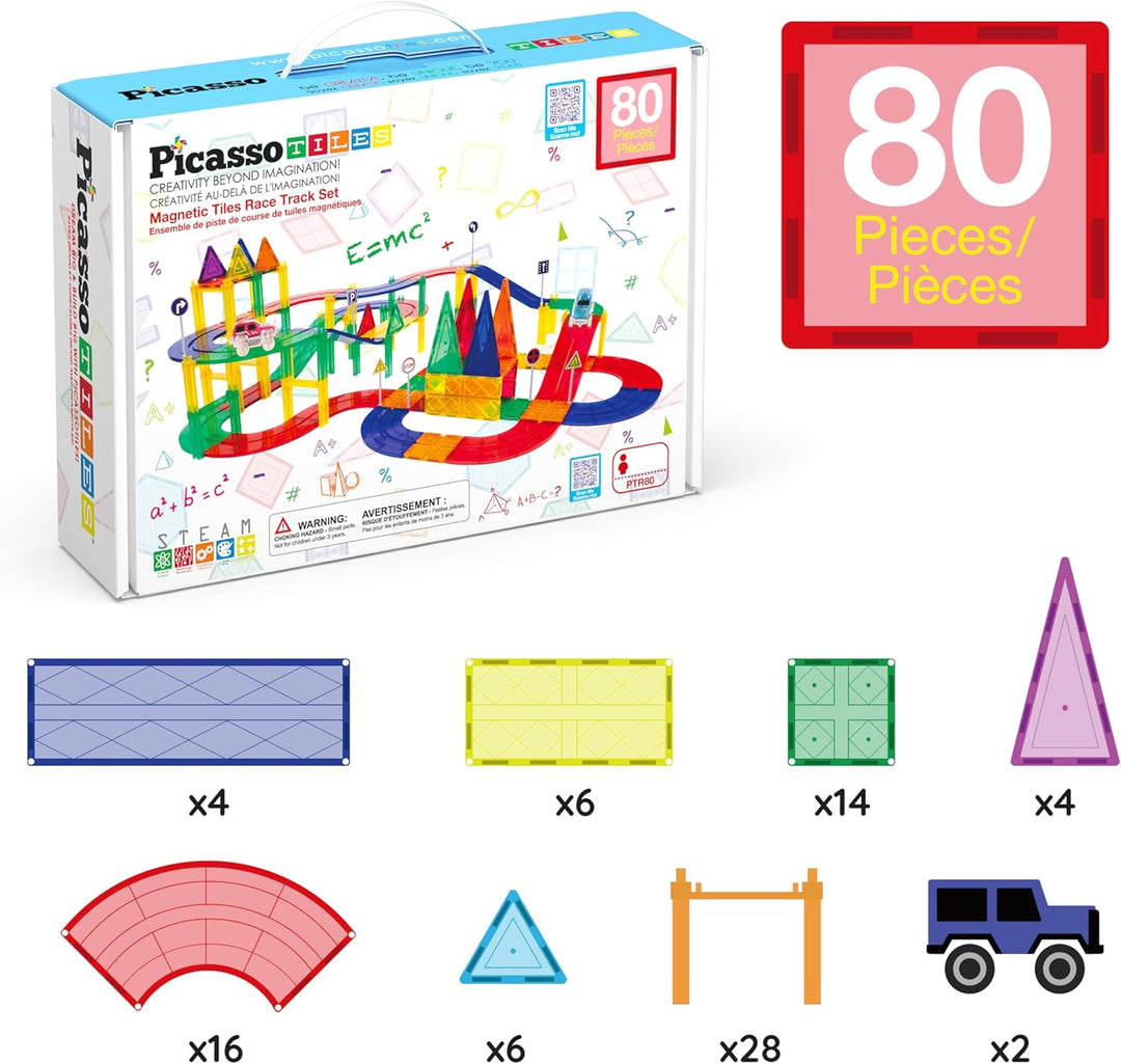 PicassoTiles 80 Stück Rennwagen Bahn Baustein Lernspielzeug Set Magnetische Fliesen Magnet DIY Spiel