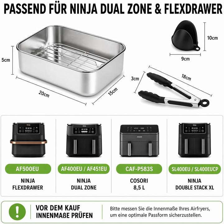 6-tlg. Auflaufform Set für Airfryer/Heissluftfritteuse aus Edelstahl 304 – 2× Schale + 2× Grillrost,