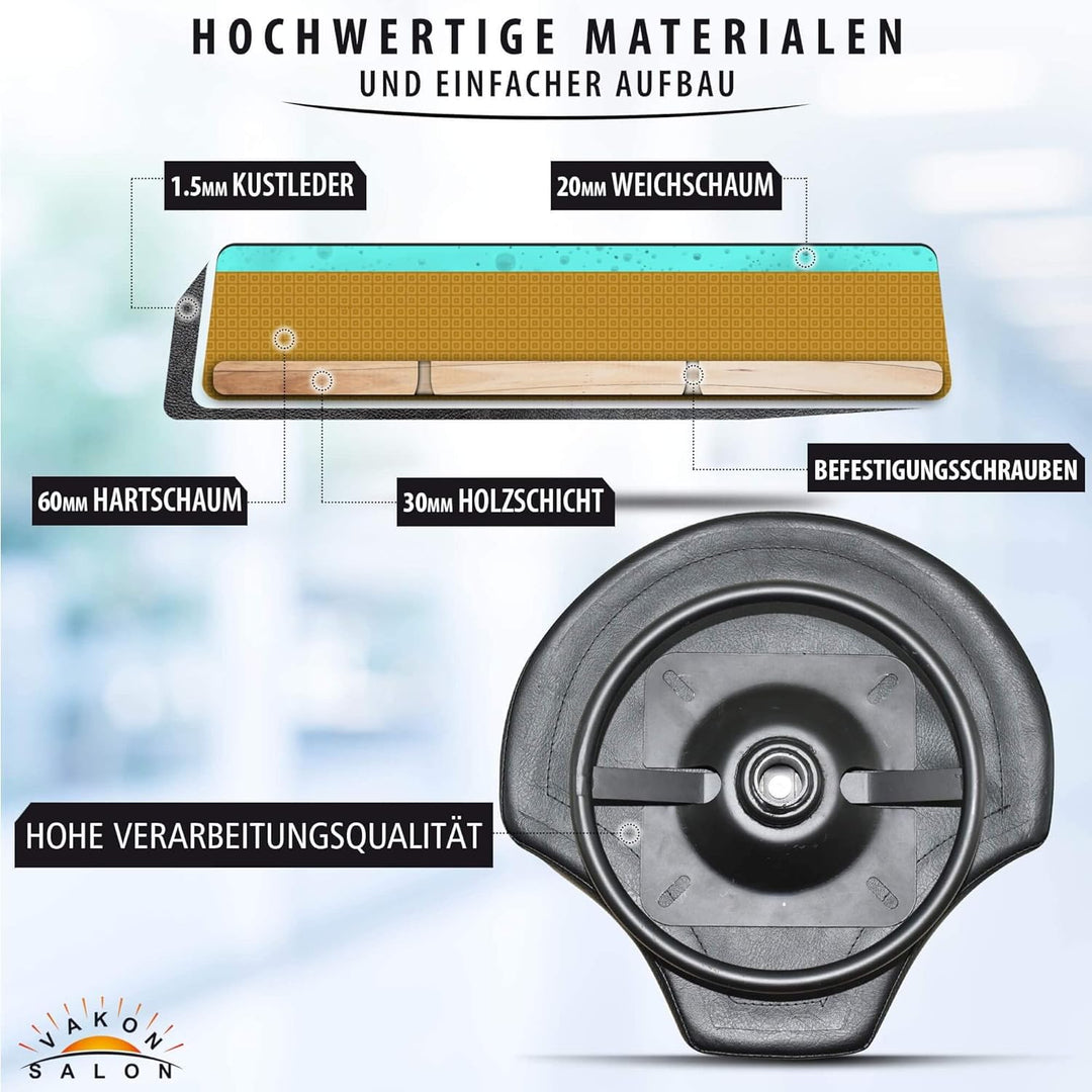 VAKON SALON - Design ergonomischer Rollhocker auf hochwertigen Rollen und Fussring schwarz - Höhenve