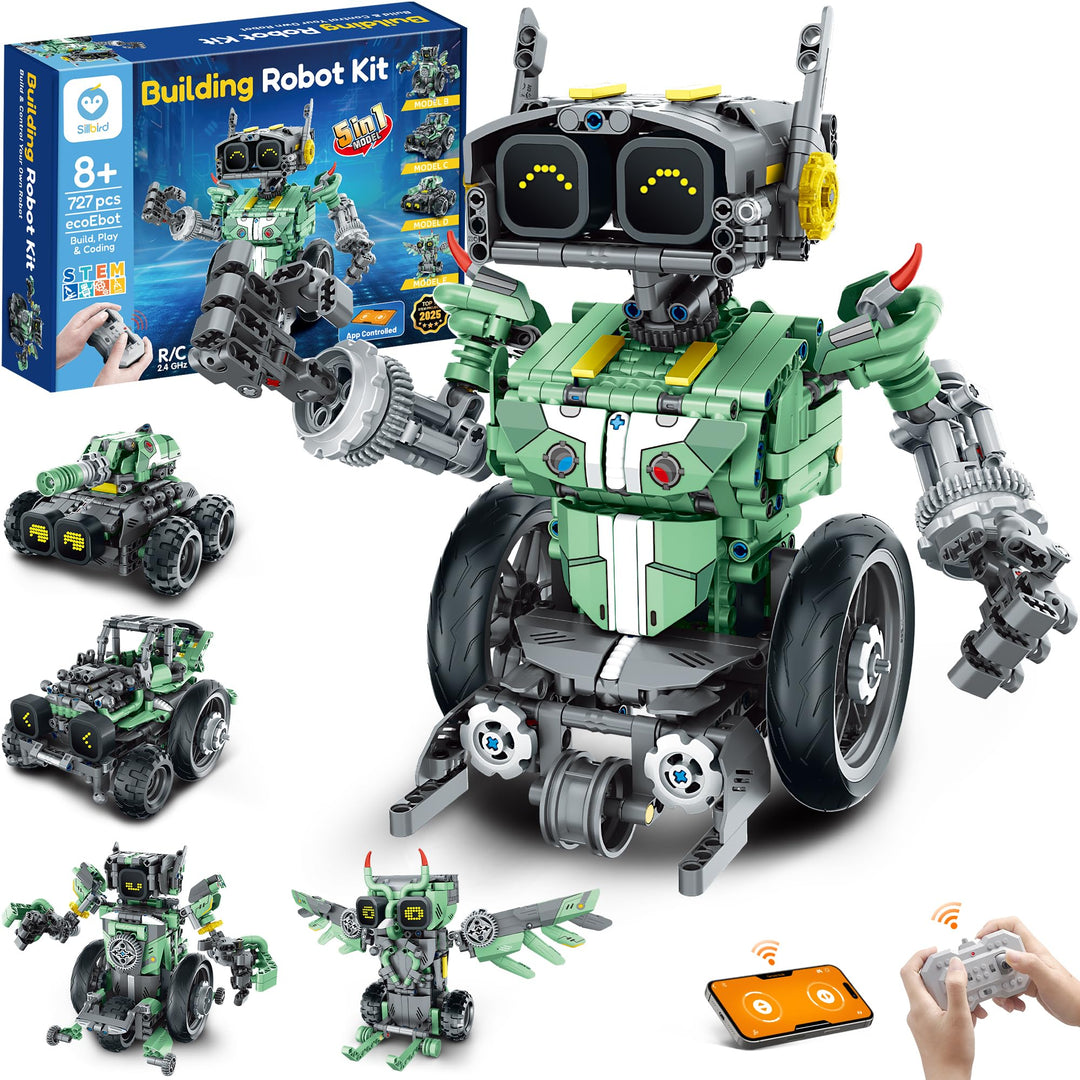 Sillbird Roboter Kinder für Jungen, 5-in-1 Technik Roboter Auto mit App-Fernsteuerung Programmierbar