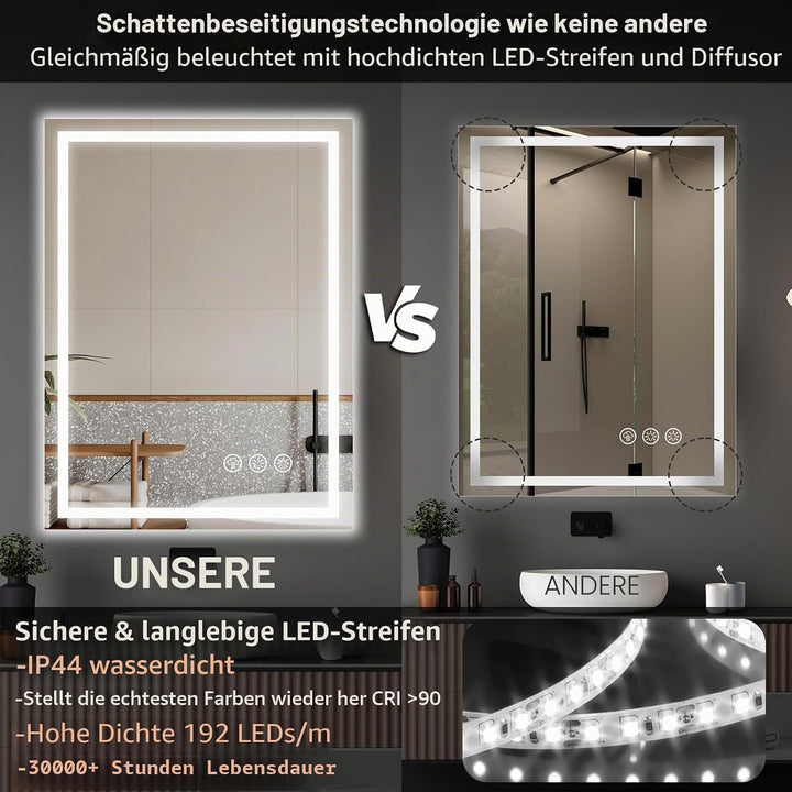 60x80cm Badspiegel mit Beleuchtung LED, Spiegel mit Light, Wandspiegel mit Frontbeleuchtung, Antibes