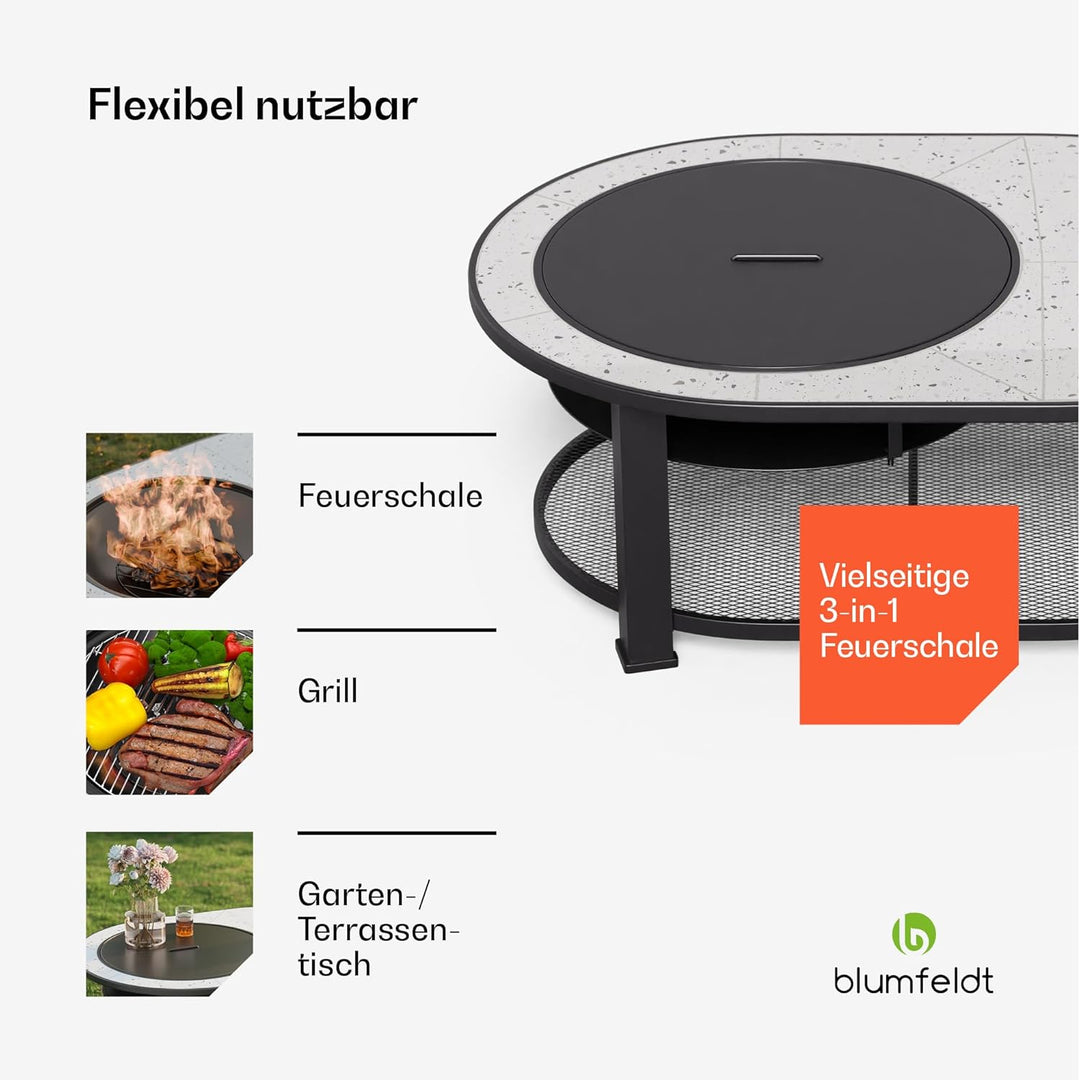 Blumfeldt Merano Circolo L Feuerschale - 3-in-1 Feuerschale mit Grillrost & Tisch, robuster Stahlrah