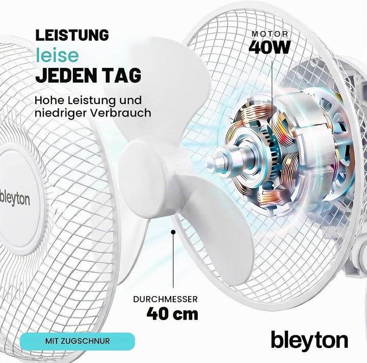 BLEYTON Leiser Wandventilator Weiss 40W CLASSIC WALL | Wandventilator mit Zugschalter, 90° Oszillati