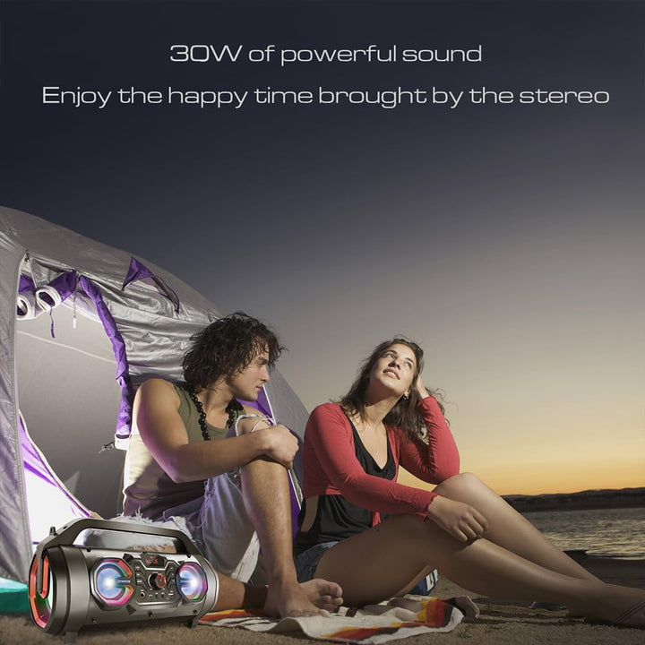 TENMIYA Bluetooth Lautsprecher, 30W Musikbox Bluetooth mit Subwoofer, FM Radio, RGB Licht. 10h Akku