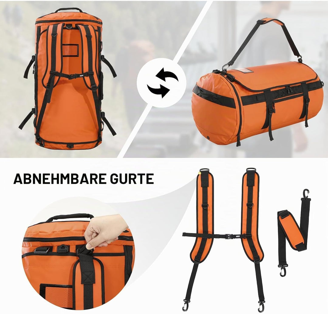 MIER Grosse Sporttasche wasserdicht Sportrucksack mit Schuhfach umwandelbar in Rucksack, 45L/60L/90L