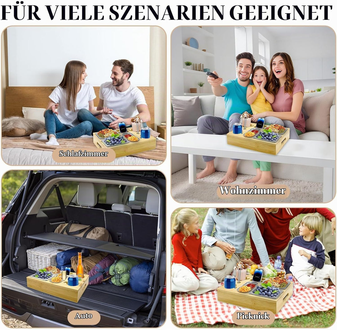 Couchbar Snackbox mit Geschenkbox, Holz Couch Bar, Couch Tablett Mit Snackschalen Aus Edelstahl, Get