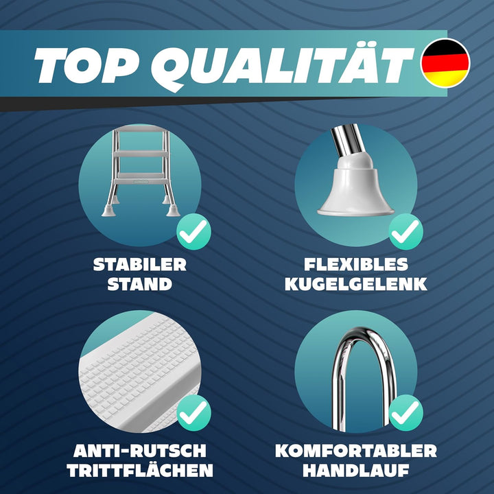 poolomio® Poolleiter Edelstahl mit Handlauf bis 132-140 cm | Einstiegsleiter mit 4 Stufen für Aufste