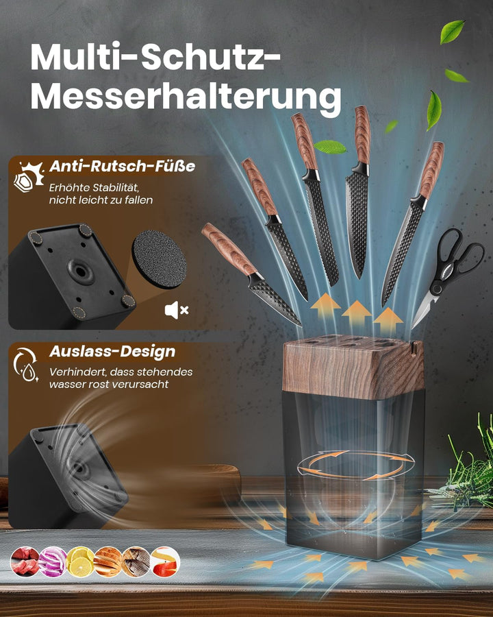 Messerblock Set, 7-teilig Scharf Messerset mit Block, Deutsche Klingen aus Hochwertigem Edelstahl un