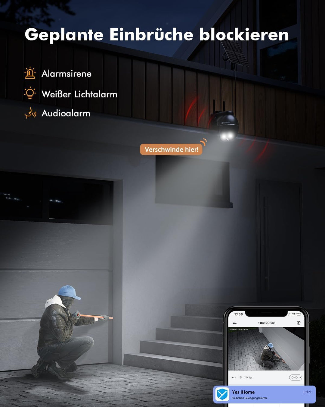 2 K Überwachungskamera, WLAN, für den Aussenbereich, kabellos, Solarpanel, 360 °, PTZ, Kamera, für d