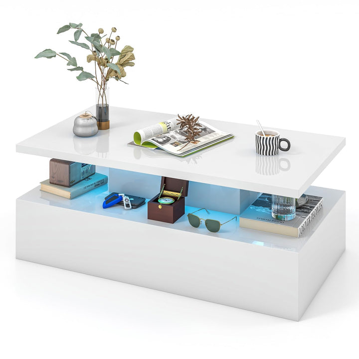 COSTWAY LED-Couchtisch Hochglanz, Wohnzimmertisch mit einstellbaren Lichtfarben & Helligkeit, Fernbe