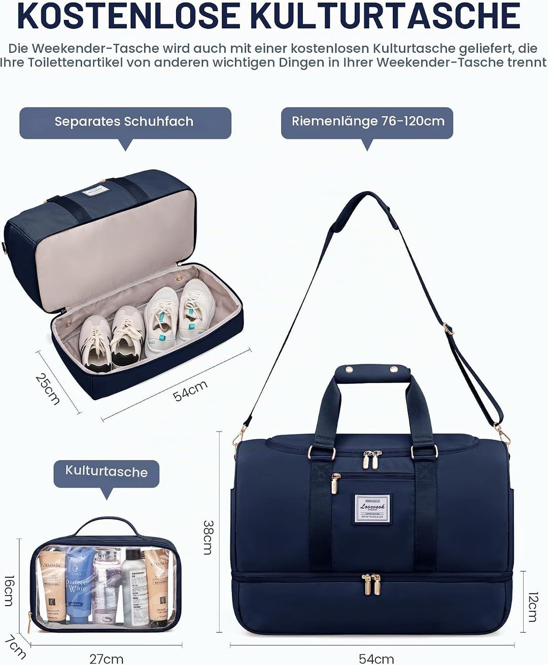 LOVEVOOK Sporttasche Reisetasche Gross, 50L Weekender Travel Duffel Bags mit Kulturtasche, Schuhfach