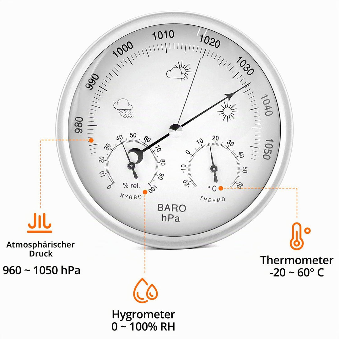 QWORK® 3in1 Wetterstation Analog Ø14 cm, Baro-/Thermo-/Hygrometer mit Edelstahl Gehäuse, Kein Batter