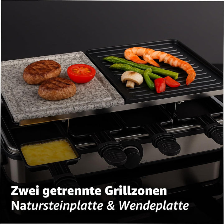 8 Personen Raclette Set - Tischgrill inkl. Pfännchen & Schaber - Grillplatte & Steinplatte antihaftb